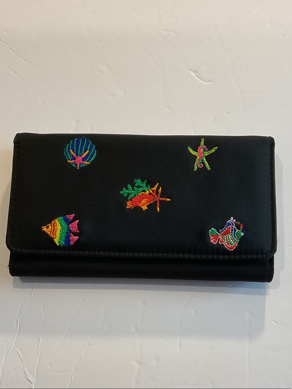 NWOT Black Wallet with Colorful Embroidered Tropical Fish